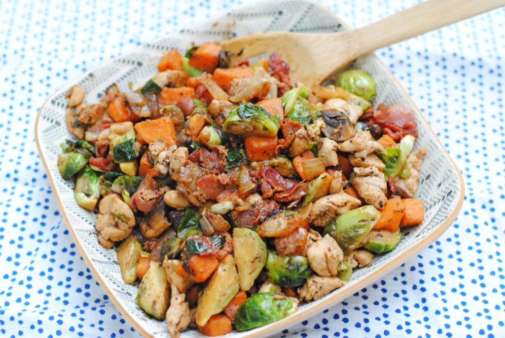 Chicken Skillet with Brussels, Apples Sweet Potatoes